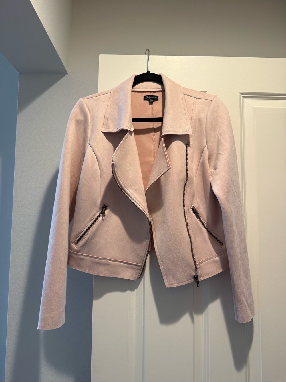 Shinestar Powder Pink Faux Suede Moto Jacket